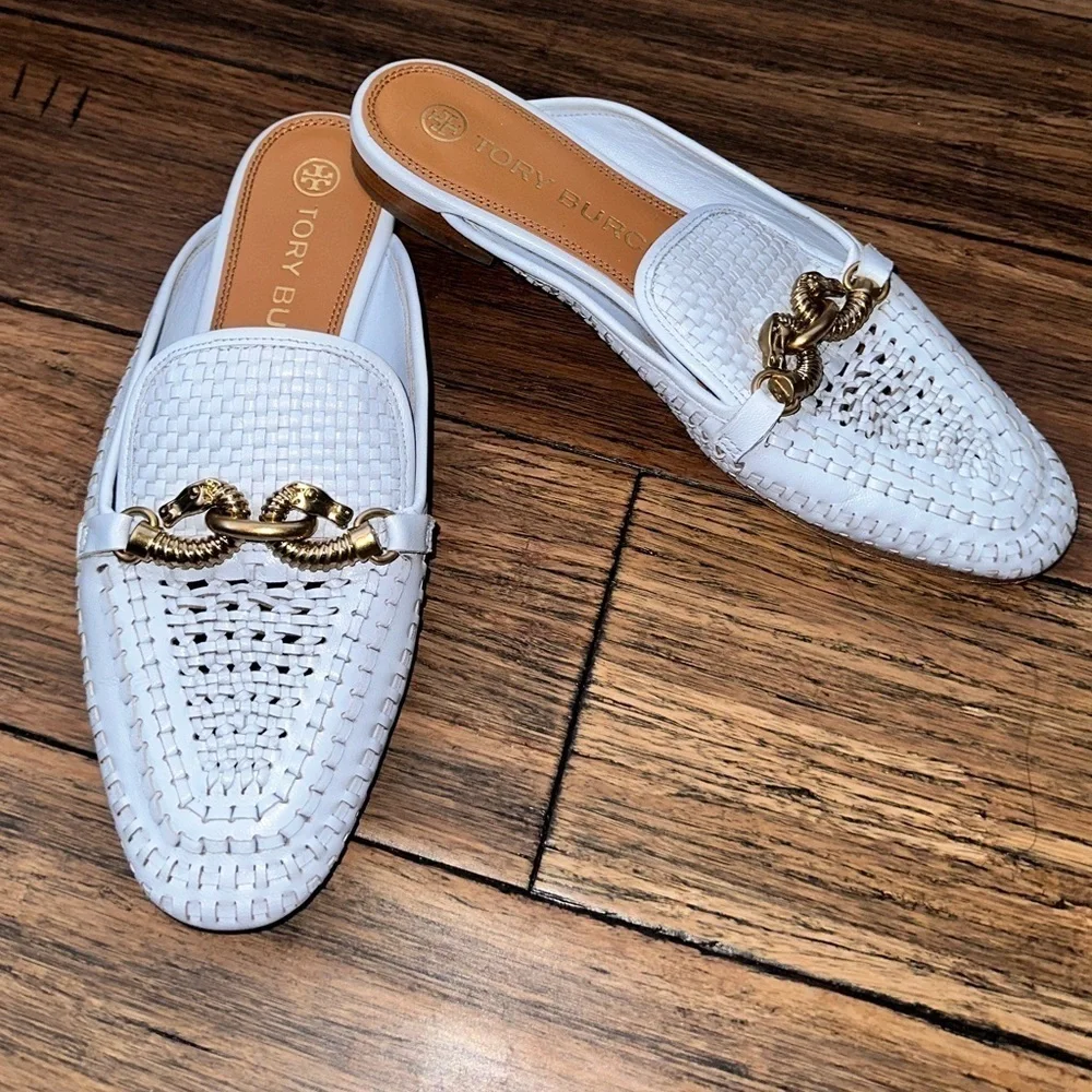 Tory Burch✨Mules Horsebit loafers RARE woven leather clogs slippers